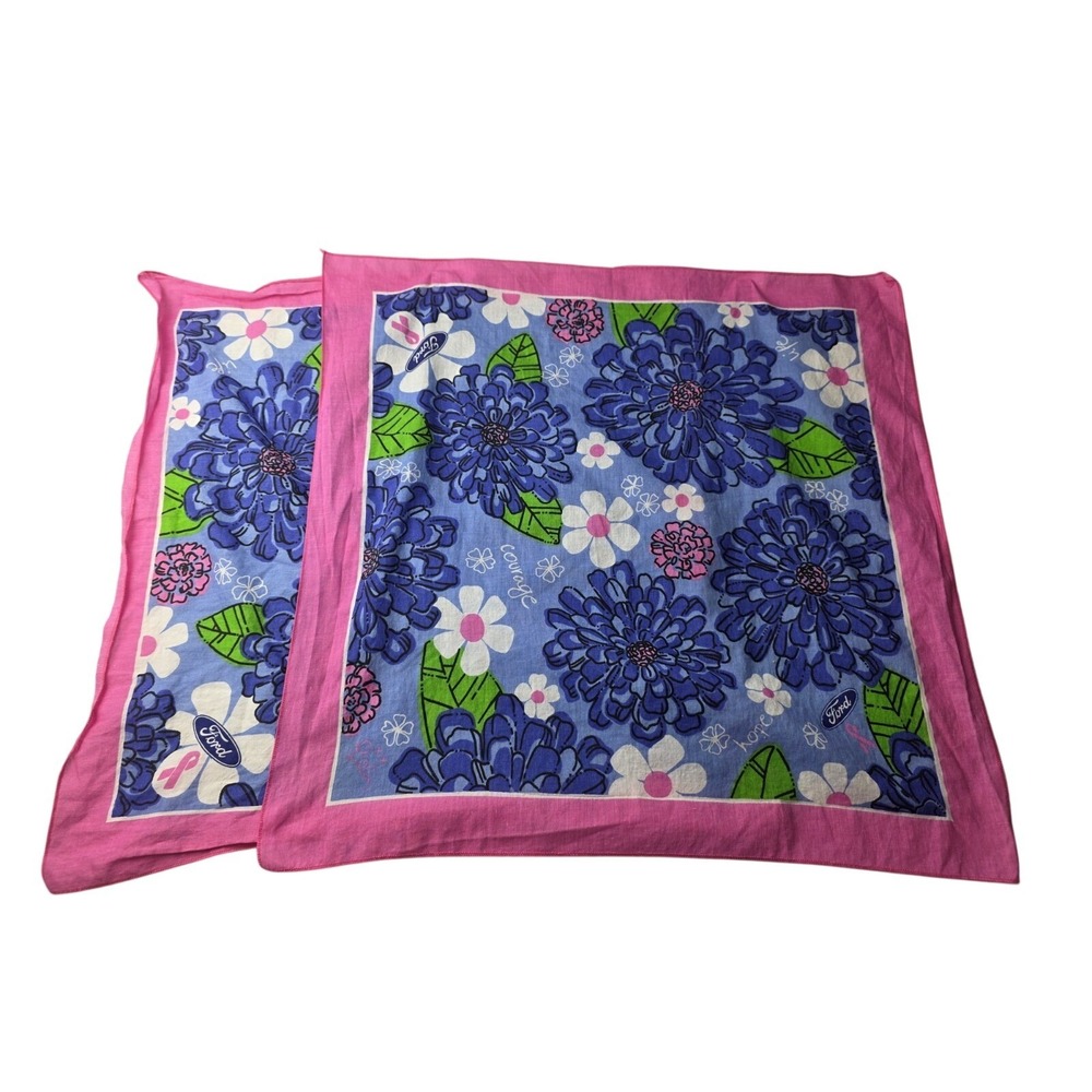 2 Lilly Pulitzer Ford Pink Blue Breast Cancer‎ Bandana Scarf 20 Square Cotton